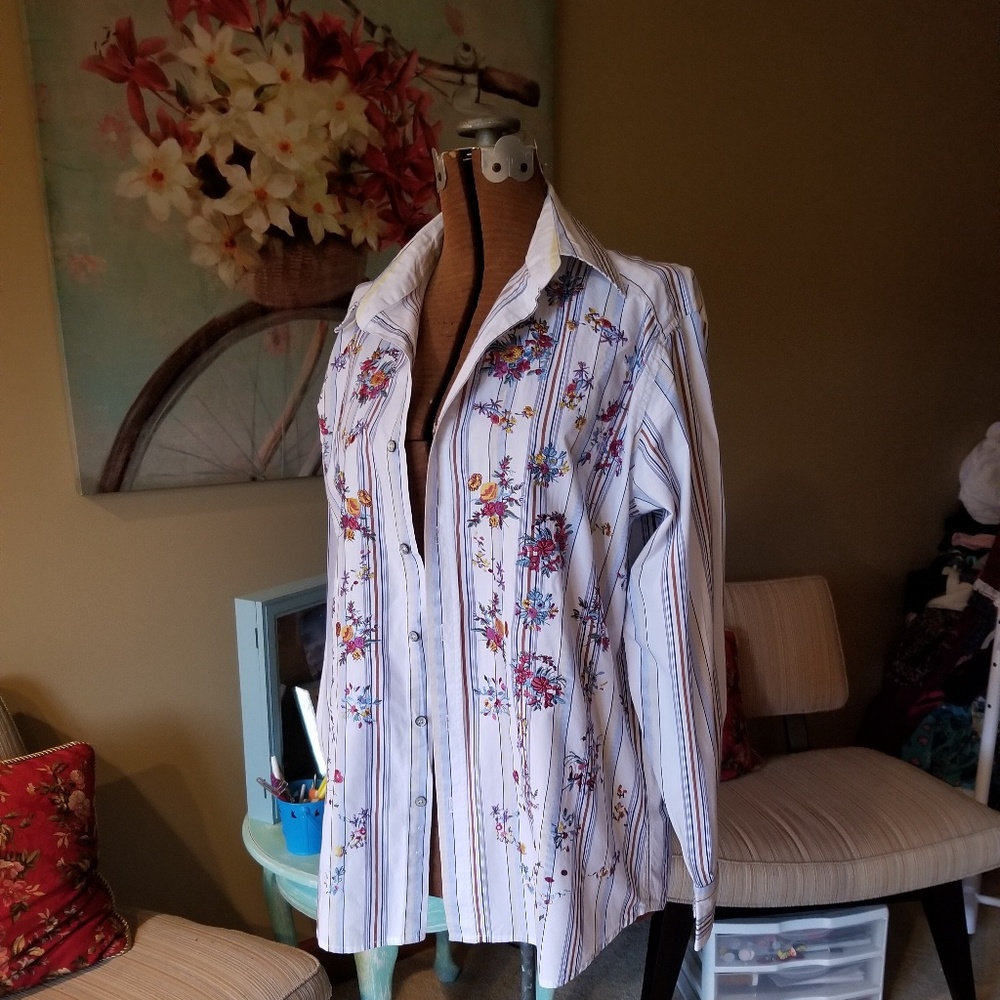 Floral Embroidered/ Stripped Button Up